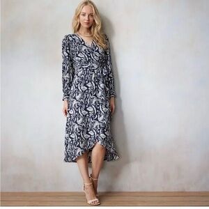 NWT LC Lauren Conrad Navy and White Floral Long Sleeve Wrap Dress SZ L $68